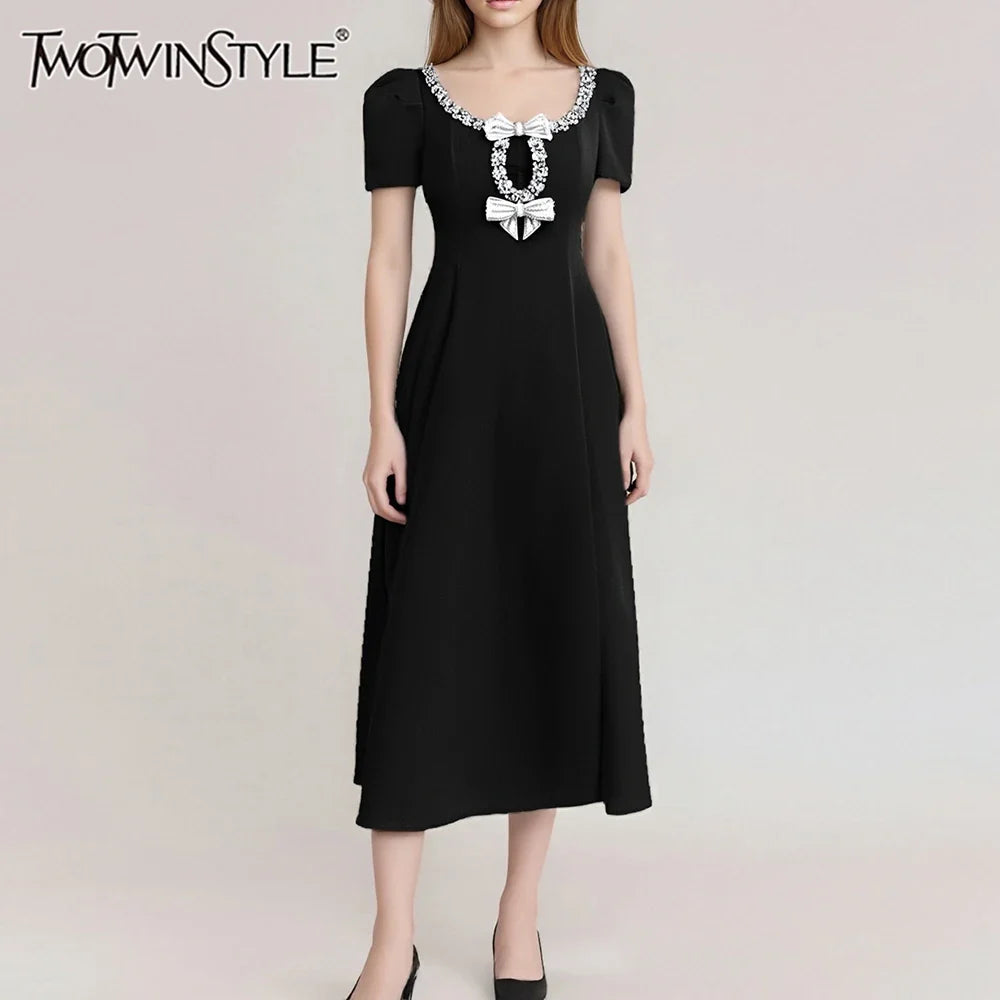 Solid Slimming Spliced Bowknot Elegant Dresses for Women Round Neck Short Sleeves Patchwork Bead Dress Female New