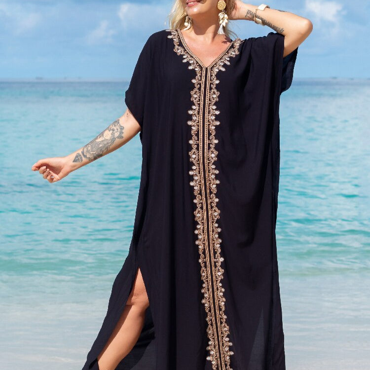 Vintage Embroidery Kaftan Sexy V-neck Batwing Sleeve High Waist Maxi Dress Tunic Women Clothing Summer Beach Dresses Q660 Q1455 One Size