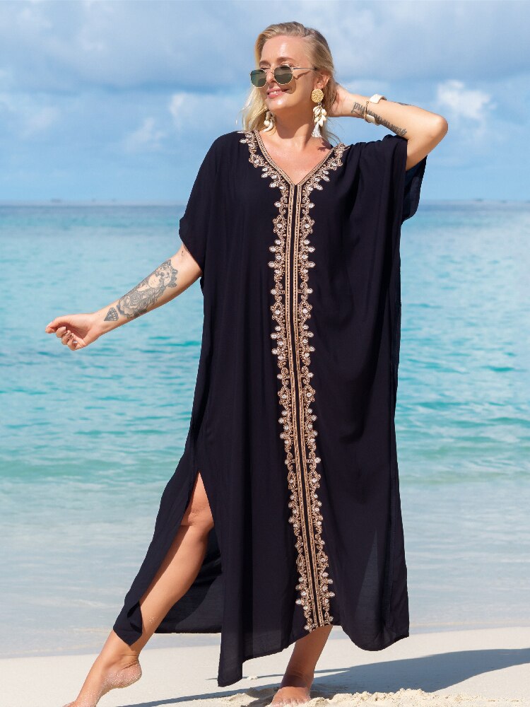 Vintage Embroidery Kaftan Sexy V-neck Batwing Sleeve High Waist Maxi Dress Tunic Women Clothing Summer Beach Dresses Q660 Q1455 One Size