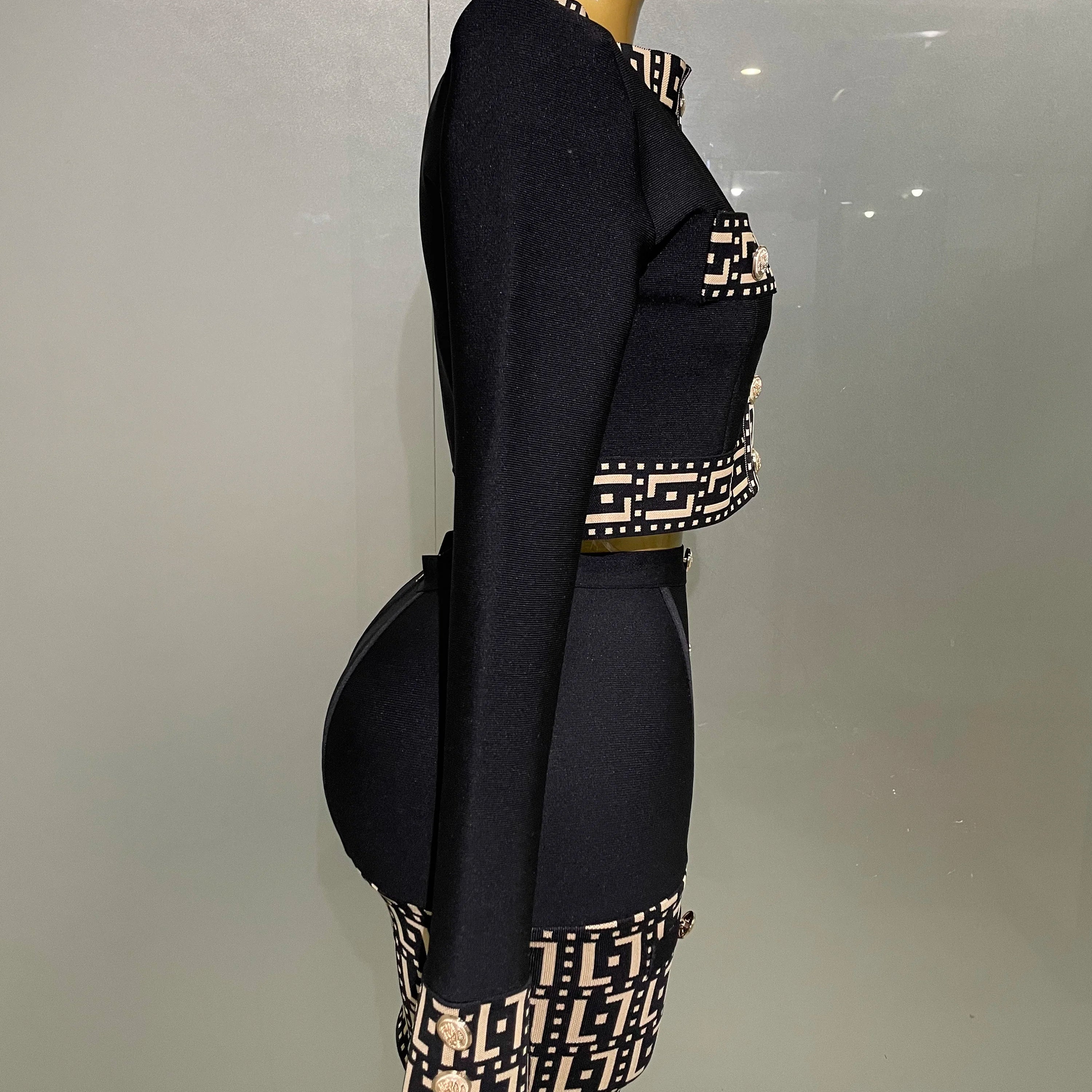 2025New Trendy Black Long Sleeves Two Pieces Bandage Set Button Top Short Skirt Suit Evening Party Women's Outfit Nightclub Wear