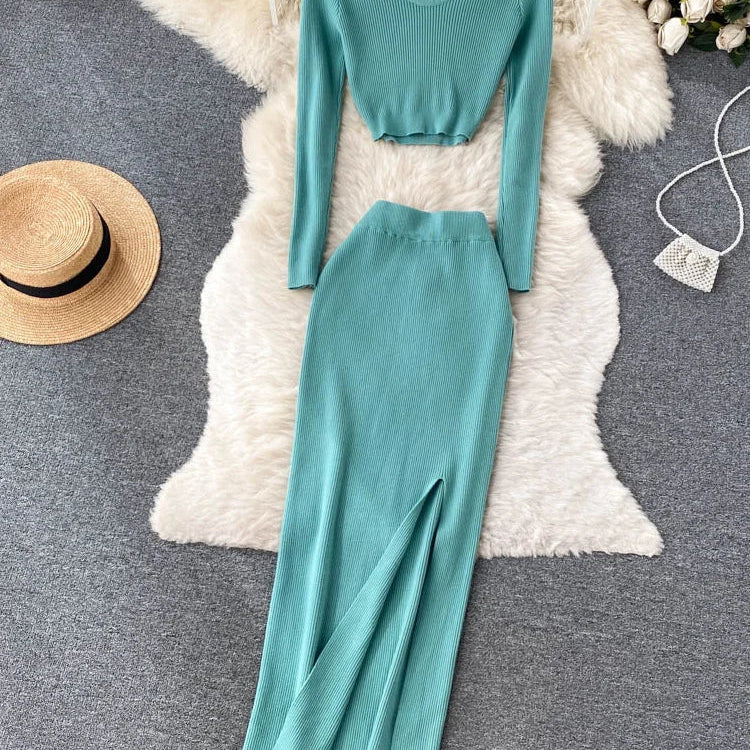 SINGREINY Autumn Sweater Two Pieces Suits Long Sleeves Knit Top+ Elatic Waist Slim Split Long Skirt Sets Women Warm Knitted Suit cyan blue One Size