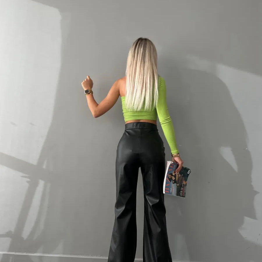 Stylish Chic Faux Leather Pants Women Autumn Winter Sexy High Waist Long Flare Pants Woman Drawstring Black PU Leather Trousers