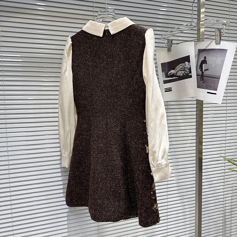 Winter New Fashion Bowknot Shirt Patchwork Sequin Tweed Dress For Women Elegant Casual Long Sleeve Dresses 11A07765