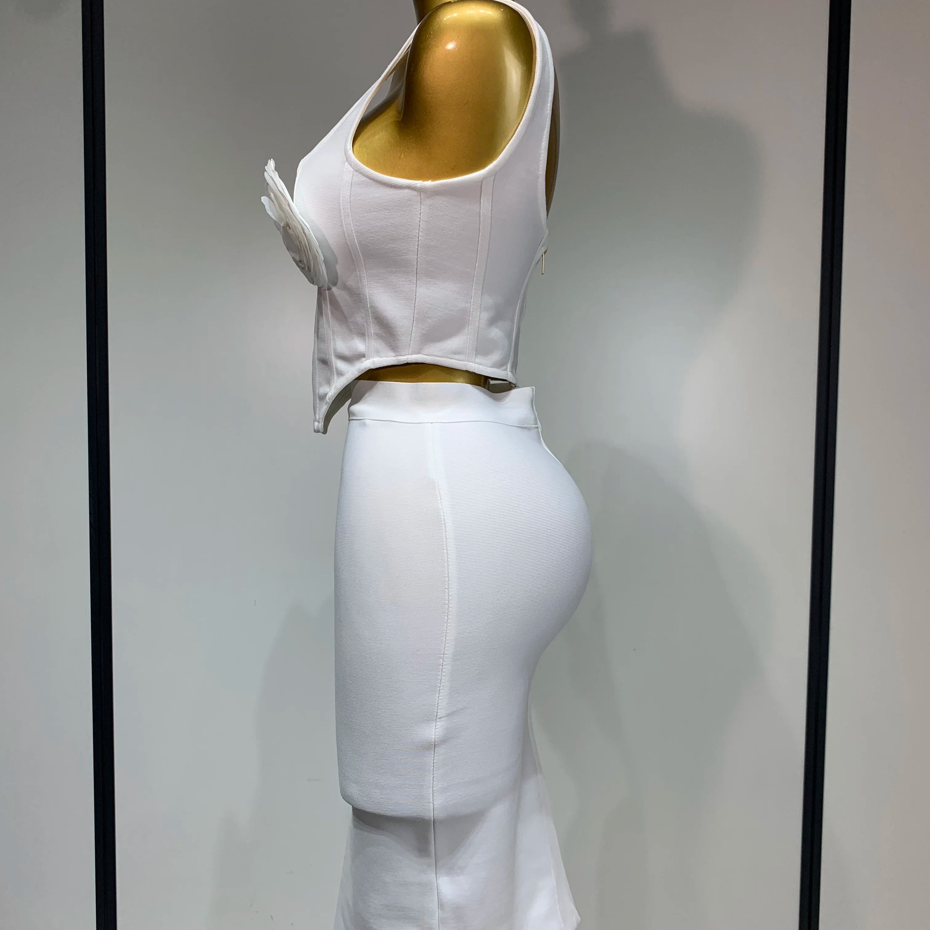 Women Sexy Square Collar Backless Flower Bandage Two Piece Set 2025 Knitted Elegant Evening Club Party Clothing