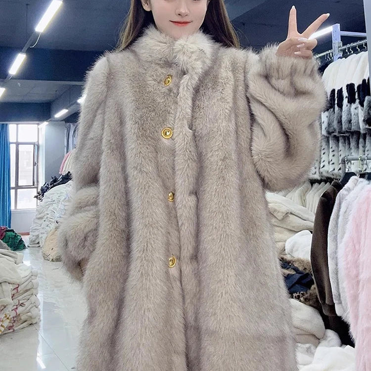 Autumn Winter Long Thick Warm Hairy Soft Faux Fox Fur Coat Women Stand Collar Elegant Luxury Chic Fluffy Jacket 2024