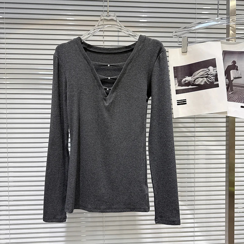 Winter New Fashion V-neck Hollow Design Solid Color Shoulder Pad Long Sleeve T-shirt Women's Solid Color Top 11A07645 Dark Gray