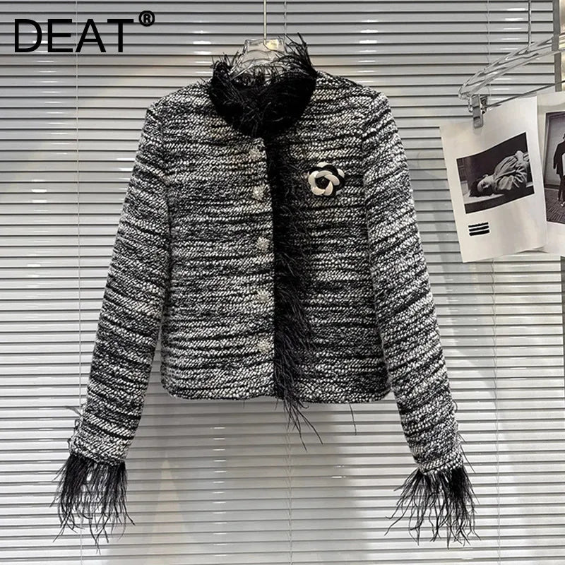 Winter New Fashion Style Ostrich Feather Edge Woven Tweed Cotton Liner Short Coat For Women Versatile Jacket 11A07865