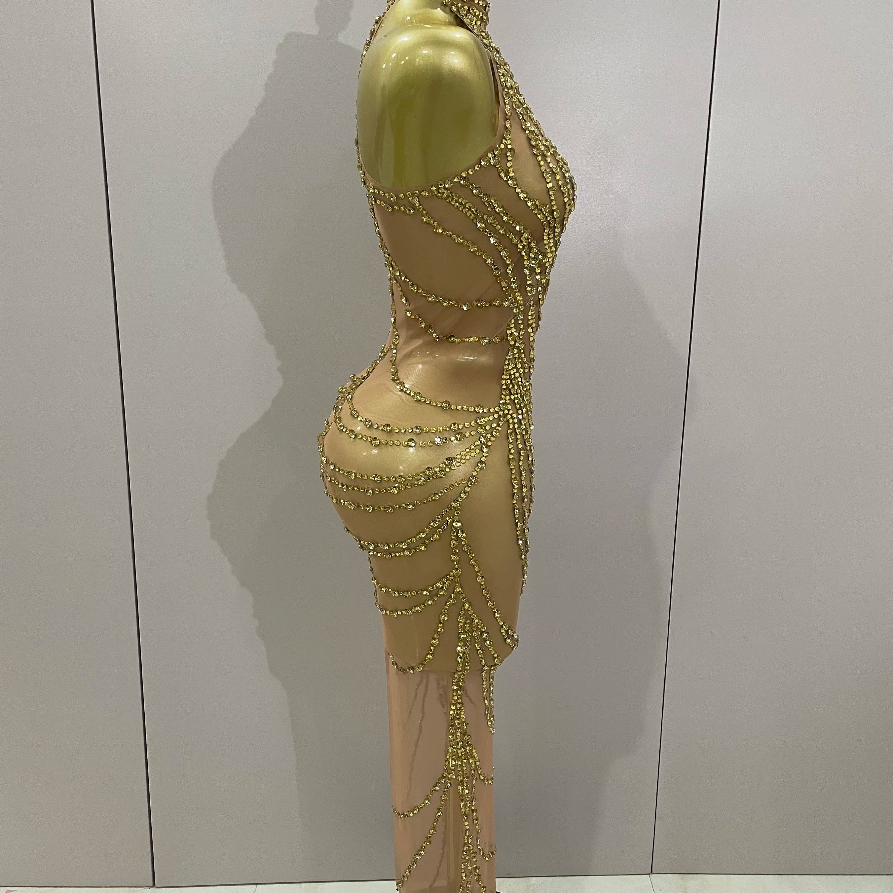 Luxury Sparkly Gold Rhinestone Sexy Transparent Mesh Long Dress 2025 Women Birthday Party Gown Stage Singer Performance Costume