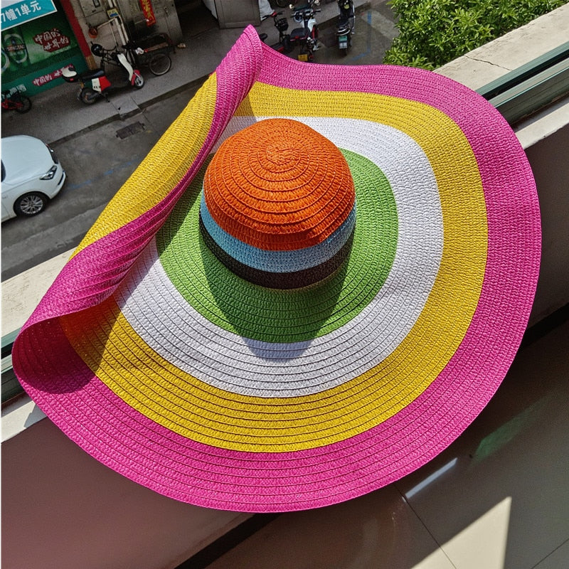 Rainbow striped big brim anti-ultraviolet sunshade sun hat beach sun hat with wire edge can be folded arbitrarily 01 M 56-58cm