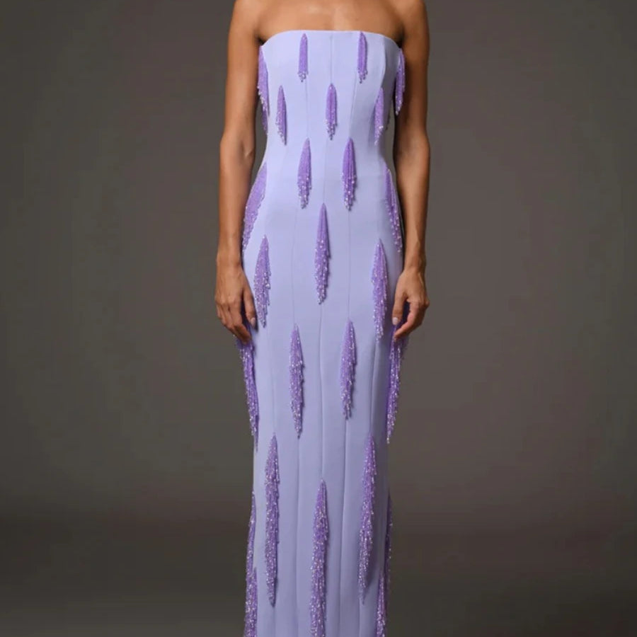 Purple Slimming Spliced Bead Elegant Dresses for Women Strapless Sleeveless Temperament Dress Female Clothing New