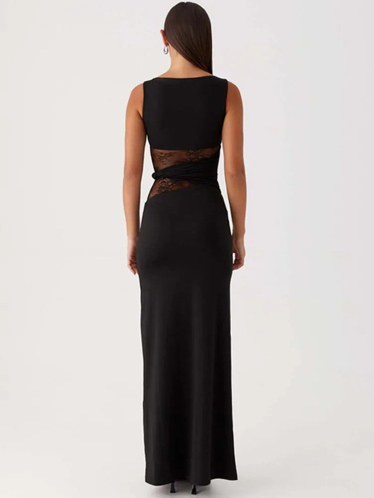 Sheer Lace Sleeveless Sexy Maxi Dress For Women Gown Summer Patchwork Fashion O Neck Bodycon Long Tank Dress Vestido