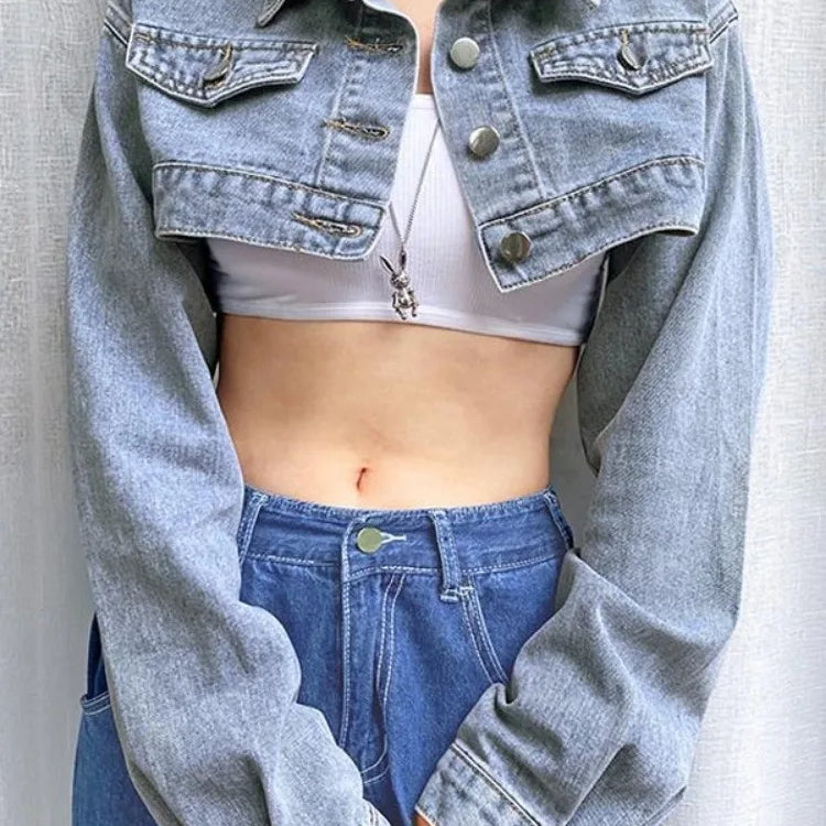 Deeptown Vintage Long Sleeve Crop Denim Jacket Women Fashion Jeans Bomber Jackets Cardigan Coat Spring Casual Coats Clothes