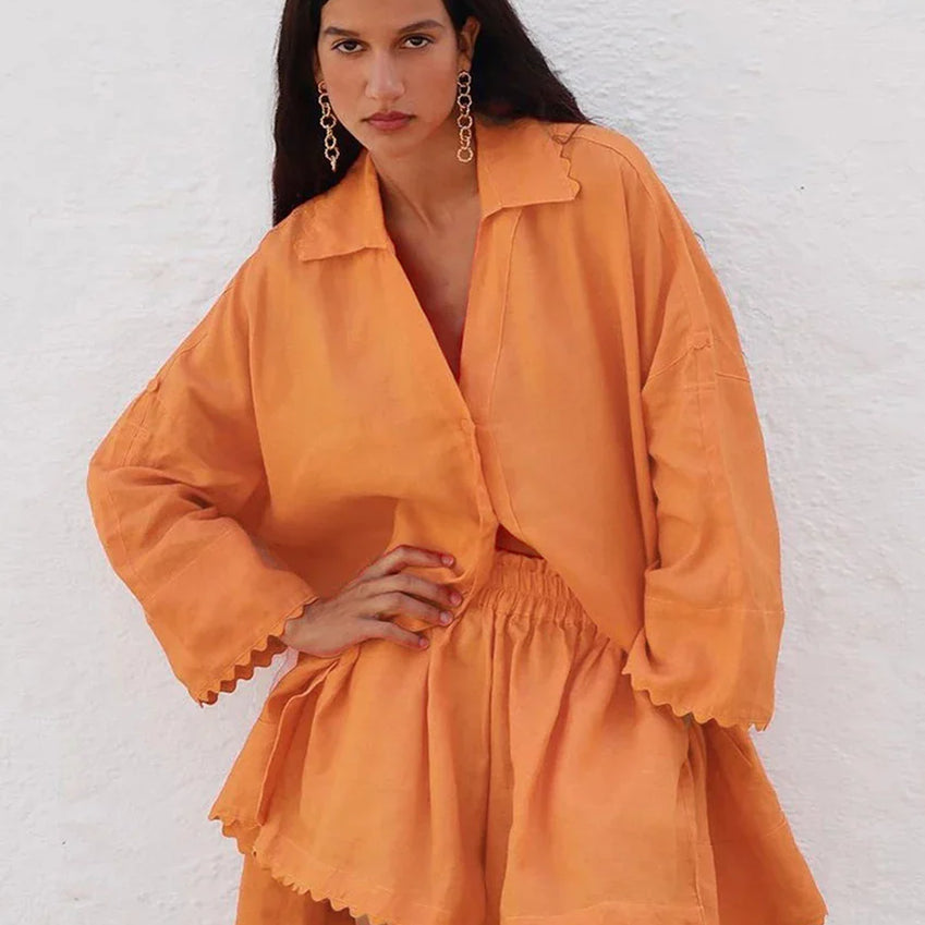 Clacive Casual Loose Orange Cotton 2 Piece Sets Women Outfit Fashion Long Sleeve Shirt With High Waist Ruffle Shorts Set