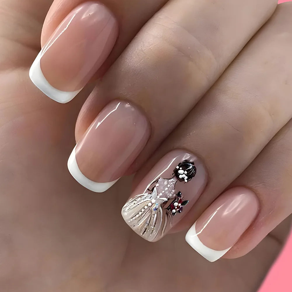 24pcs/set short square fake nails for women cute bride heart white french tips faux ongles y2k press on false nail supplies 933