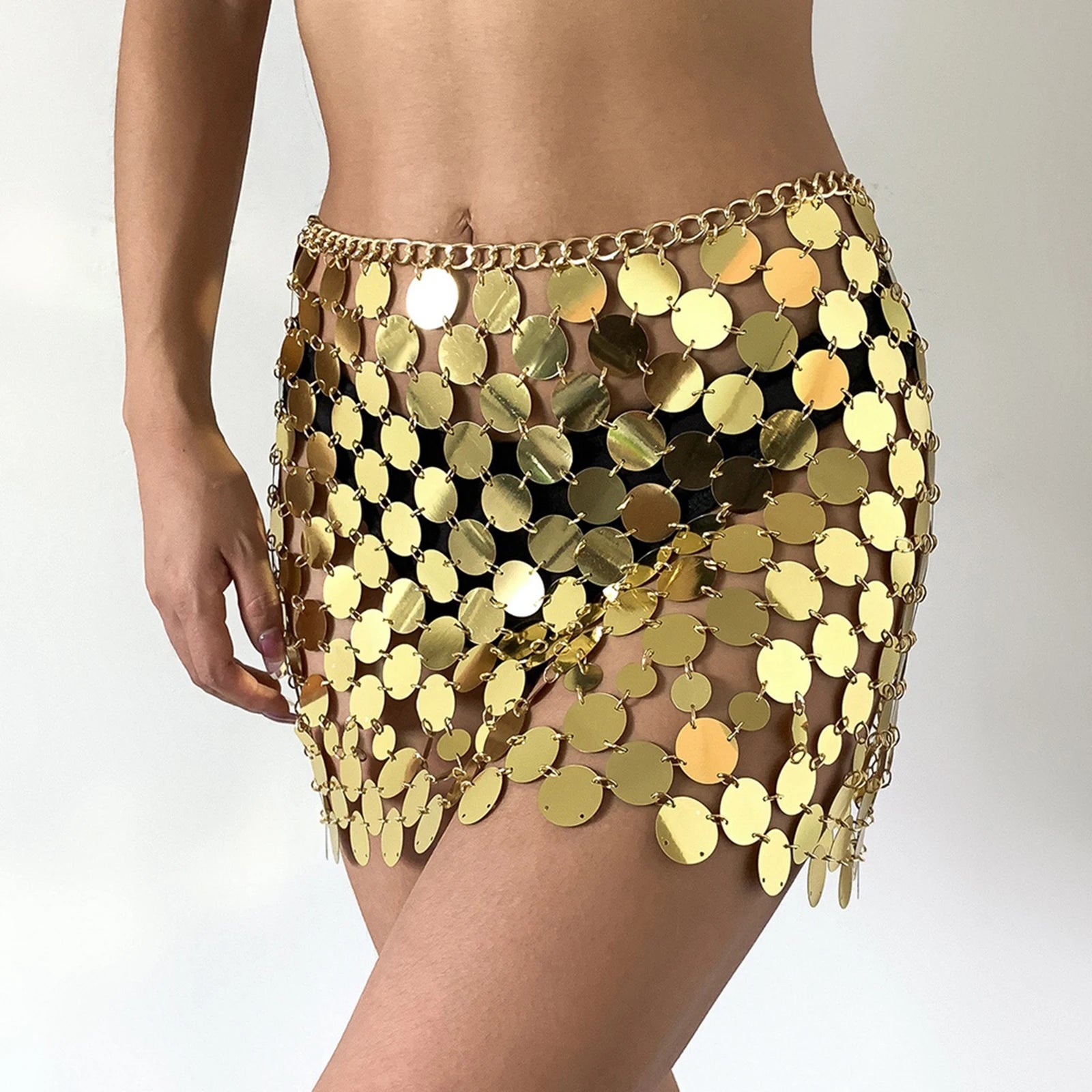 Mini Skirt Shiny Sequins Metal Chain Patchwork Woman Skirt Hollow Out Transparent Fashion Elegant Solid Short Bottom Women Girls
