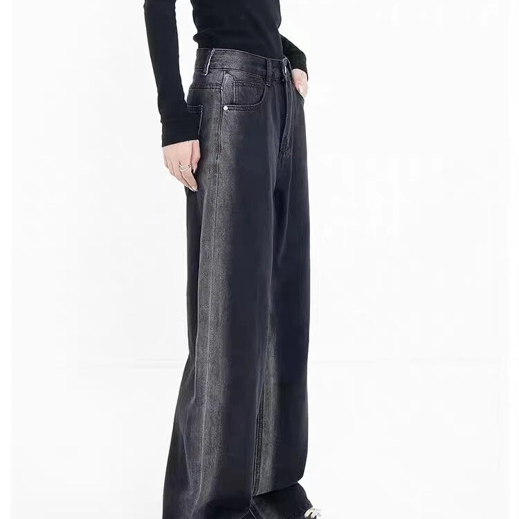 Y2K 2024 autumn and winter new gradual wash jeans for women design sense niche straight leg casual pants pants traf Black