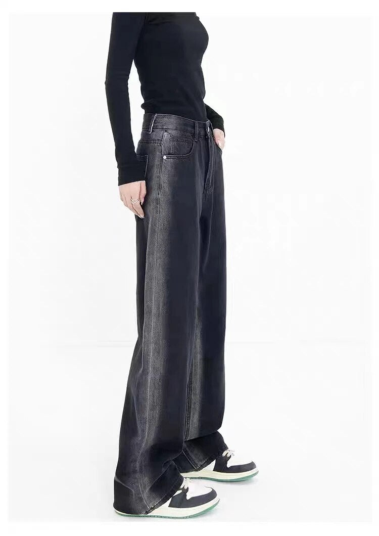 Y2K 2024 autumn and winter new gradual wash jeans for women design sense niche straight leg casual pants pants traf Black