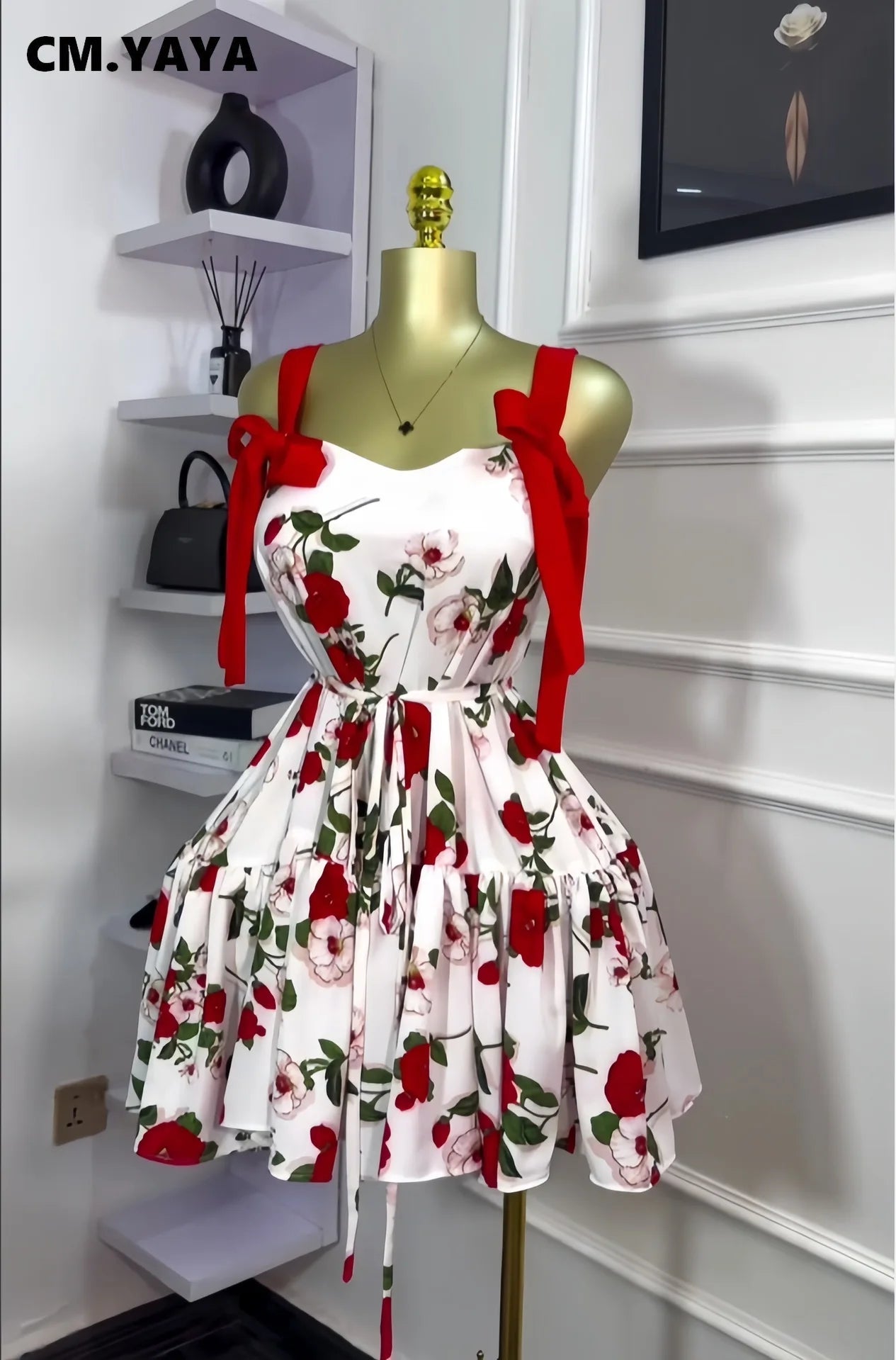 Women Floral Printed Flare Sleeveless Bow Strap Belt Mini Dress 2025 Evening Sexy Beach Party Birthday Street Dresses