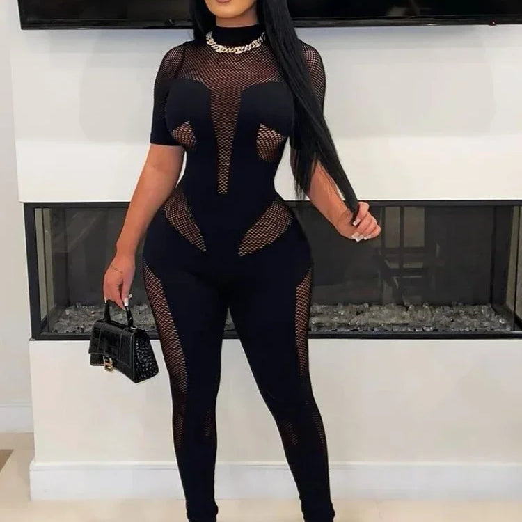 CM.YAYA Short Sleeve Women Mesh Hollow Out O-neck Rompers Jumpsuits 2024 Summer Sleep Night Club Party One Piece Sexy Outfits