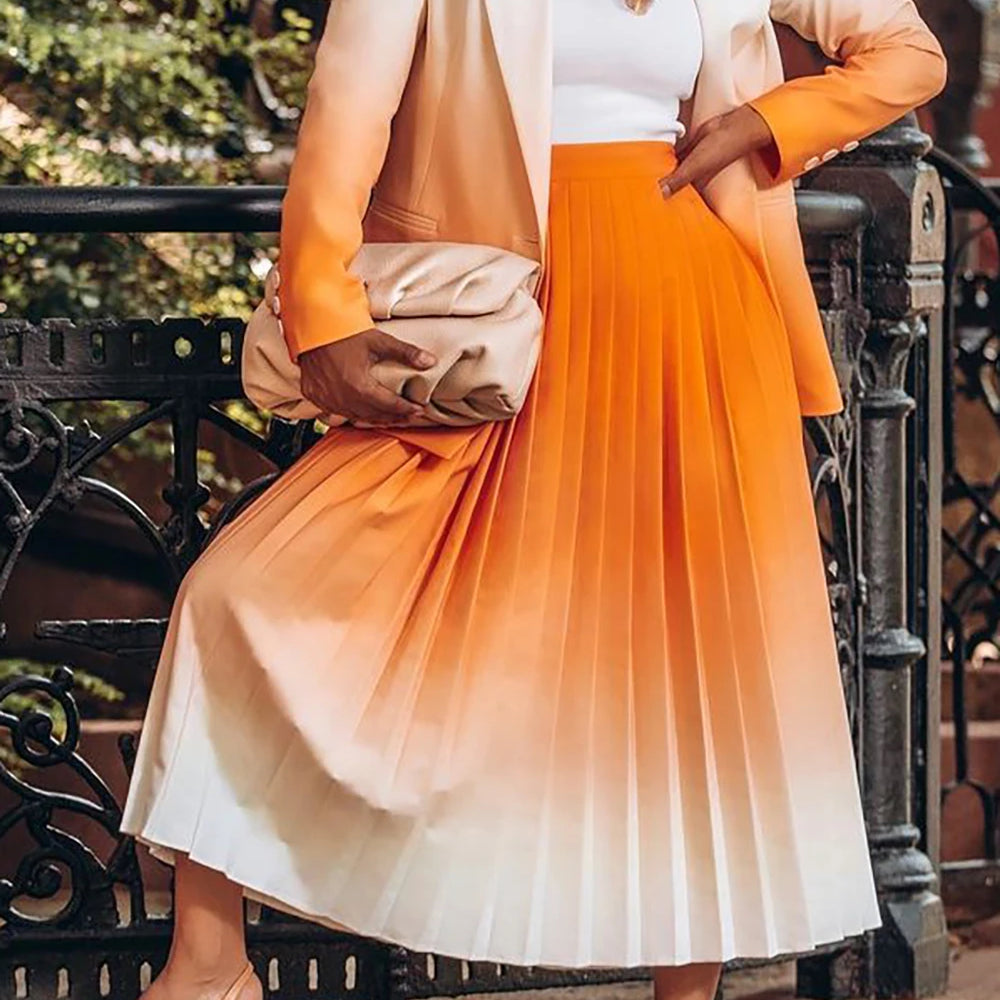 Plus Size Business Casual Skirt Set Orange Gradient Pleated Long Sleeve Blazer Suit Two Piece Skirt Set Orange