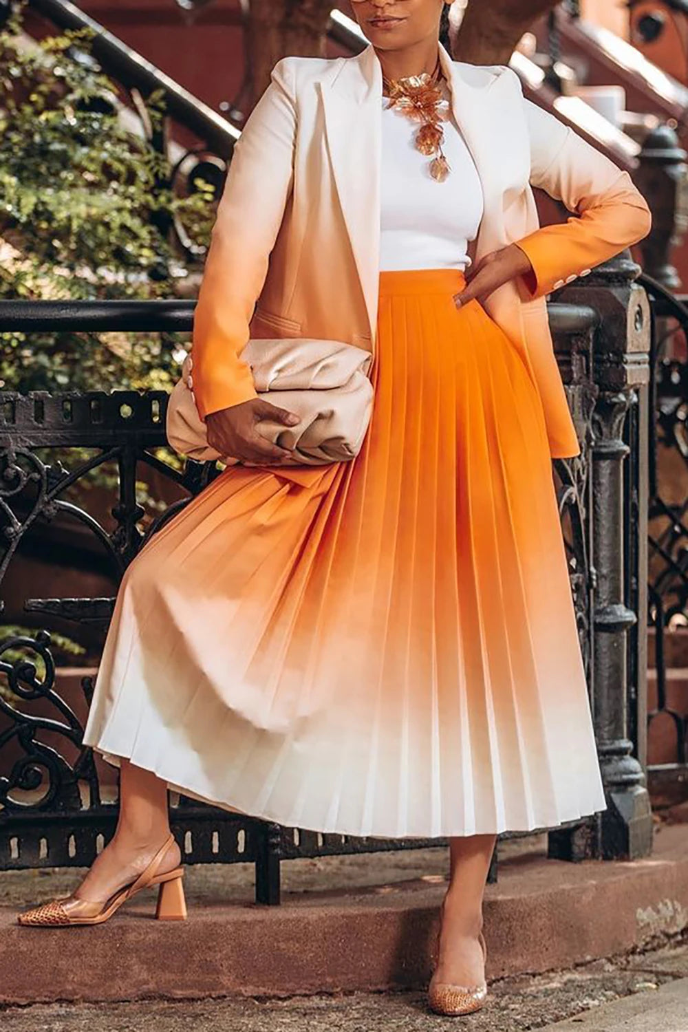Plus Size Business Casual Skirt Set Orange Gradient Pleated Long Sleeve Blazer Suit Two Piece Skirt Set Orange