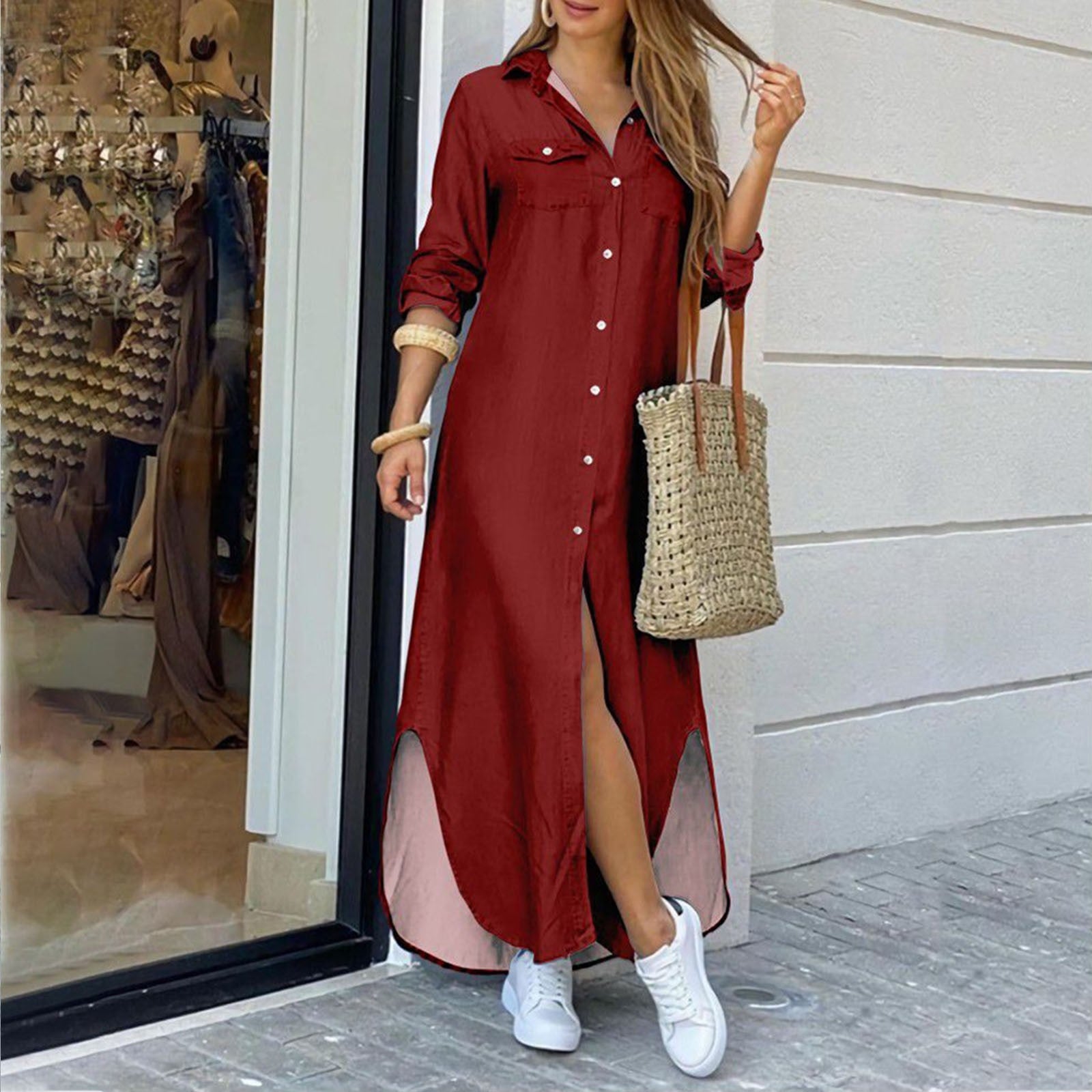 Summer Fashion Elegant Shirt Dress Women - Print Long Sleeve Button Ladies Office Holiday Casual Clothing Female Maxi Dress Wine