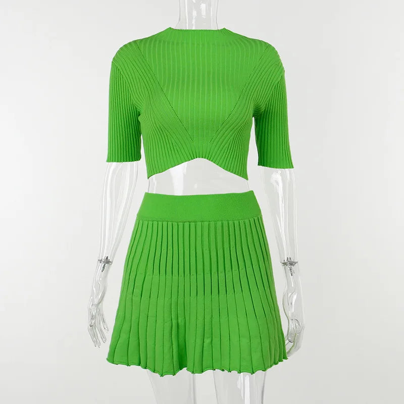 Women's Pit Stripe Knitted 2-Piece Set Short Sleeved High Collar Crop Top+High Waist Pleated Mini Skirt Spring Summer New 2022