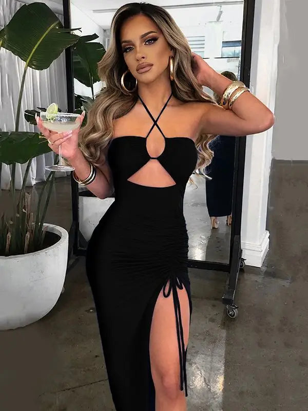Summer Sexy Halter Backless Sleeveless Cut Out Maxi Dress for Women Ruched Elegant Club Party Slit Dresses Bandage Vestido 2023 black