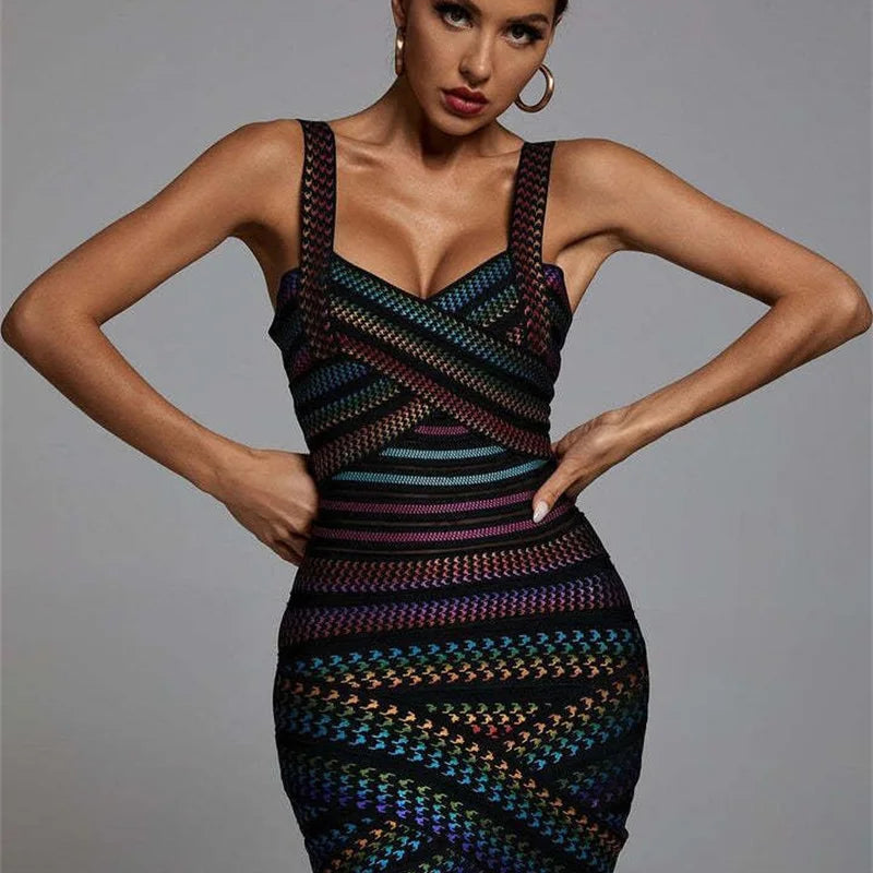 Celebrity Colorful Striped Foiling Print Rayon Bandage Dress Bodycon Evening Party Dress