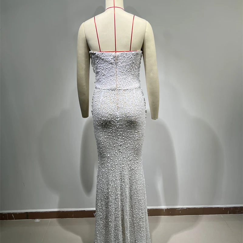 Luxury Pearl String Sexy See Through White Sequins Long Dress Elegant Woman Wedding Party Dress Red Carpet Goddess Vestido