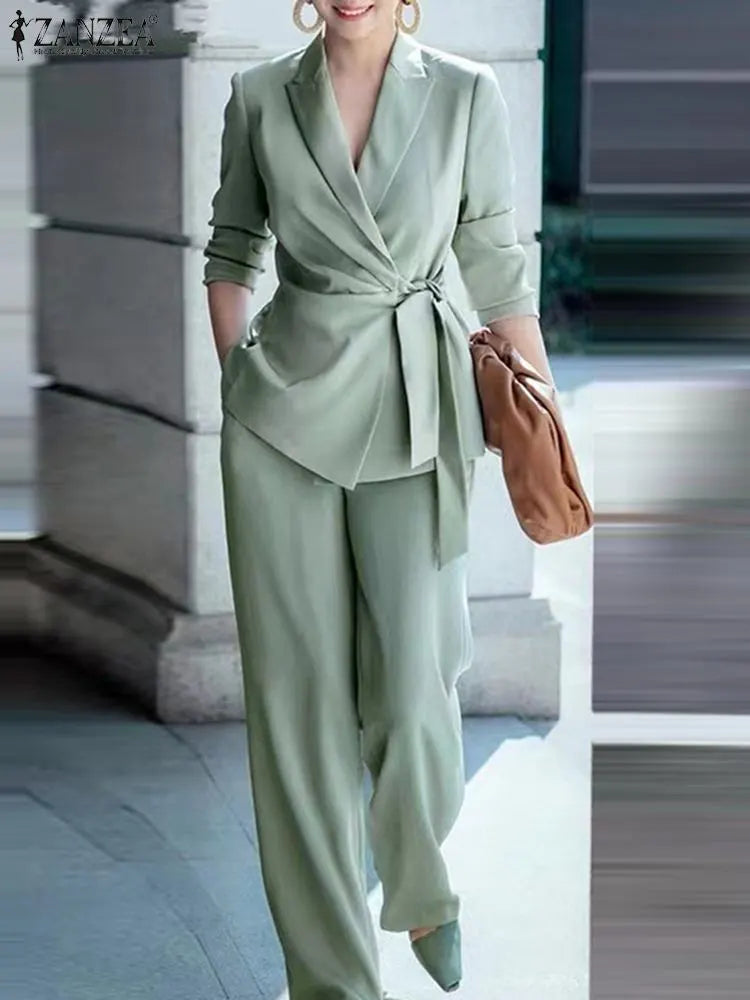ZANZEA Elegant OL Work Suit Women Solid Blazer & Wide Leg Pant Sets Fashion 2PCS Urban Tracksuits Ladies Office Outfits Oversize green