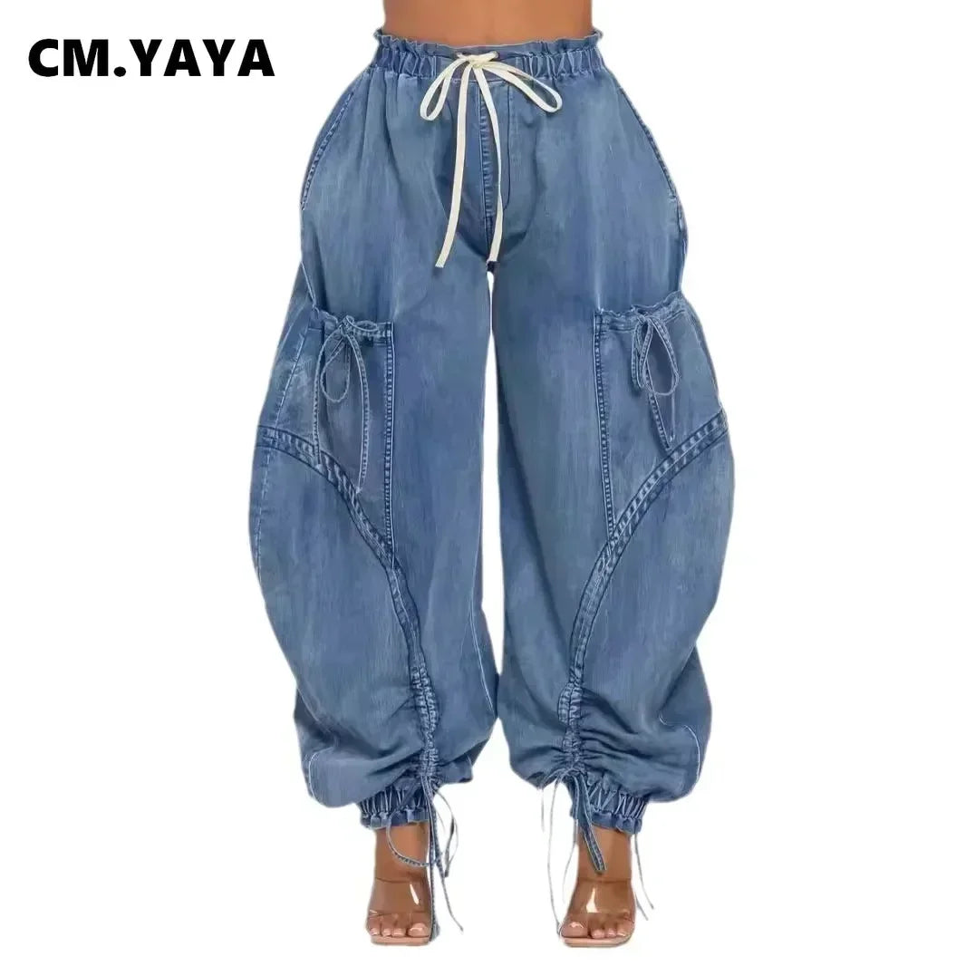 Women Streetwear Drawstring Fashion Fly Denim Pants 2024 Autumn Loose Safari Style Cargo Harem Hip Hop Jeans