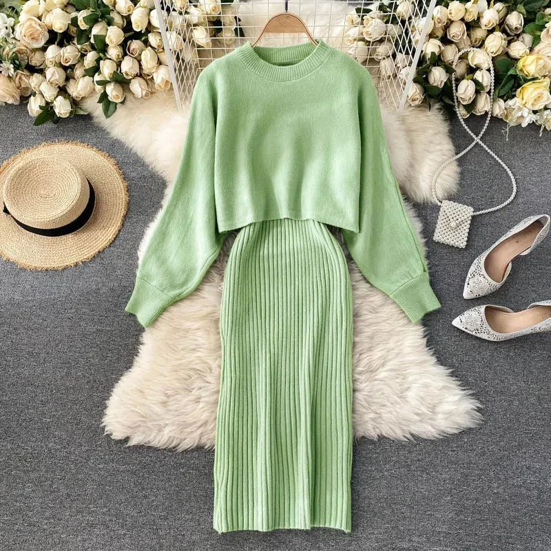 Sweater Set Casual Pullovers Suits Slip Dress For Women Slim Solid Autumn Winter Knitted Long Sleeve Elegance Elastic Sweet B Green