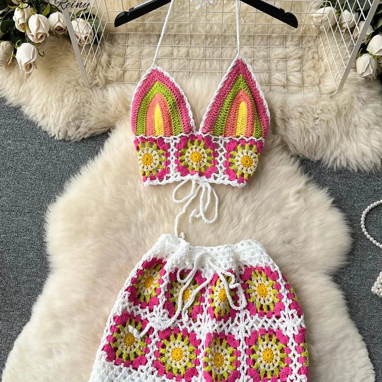 SINGREINY Summer Hollow Out Beach Suits Women Strap Halter Sexy Top+Mini Shorts Fashion Floral Knitted Bohemian Two Pieces Sets white One Size