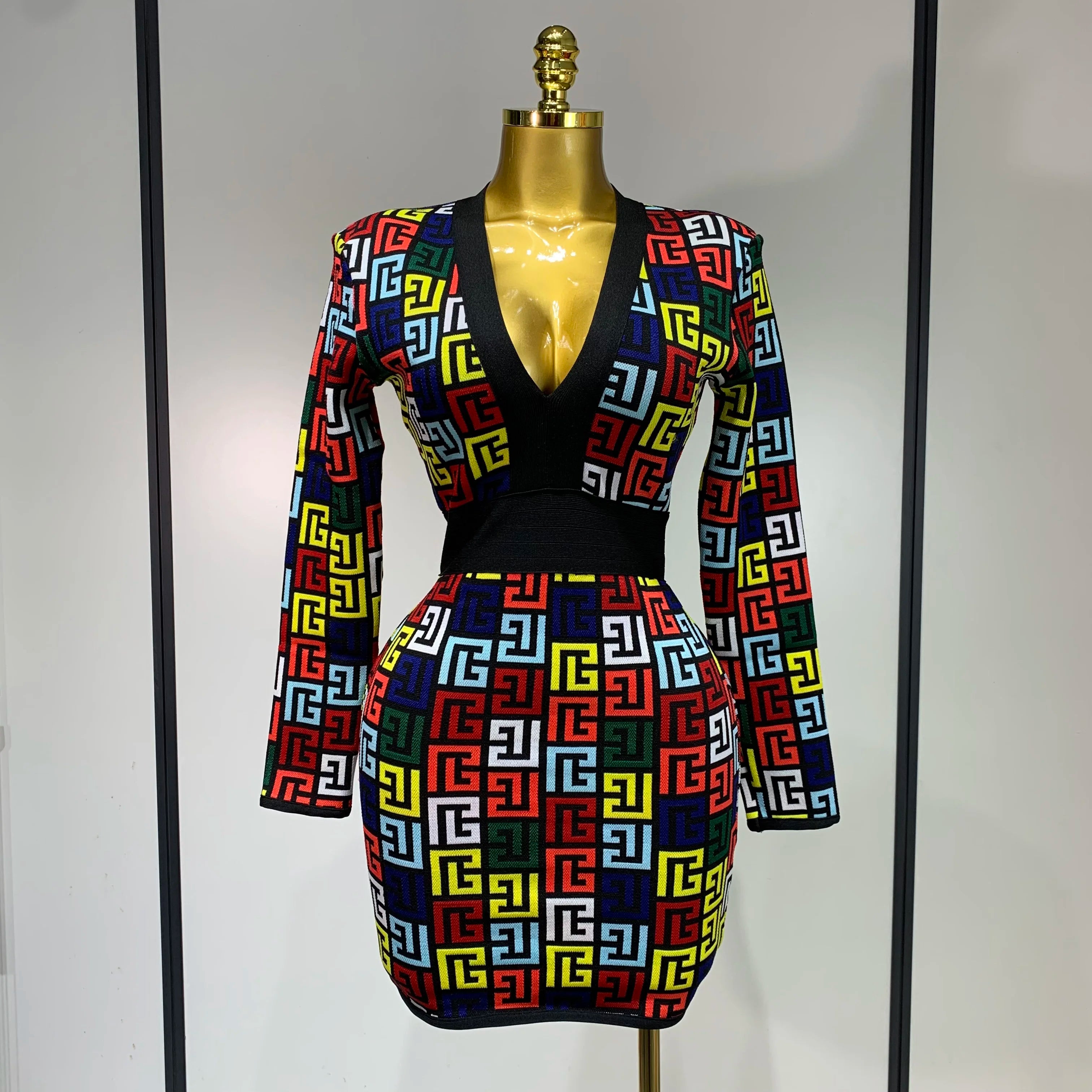 Women Long Sleeve V-Neck Bodycon Jacquard Short Bandage Dress 2025 Elegant Evening Luxury Birthday Party Cocktail Outfit MULTI