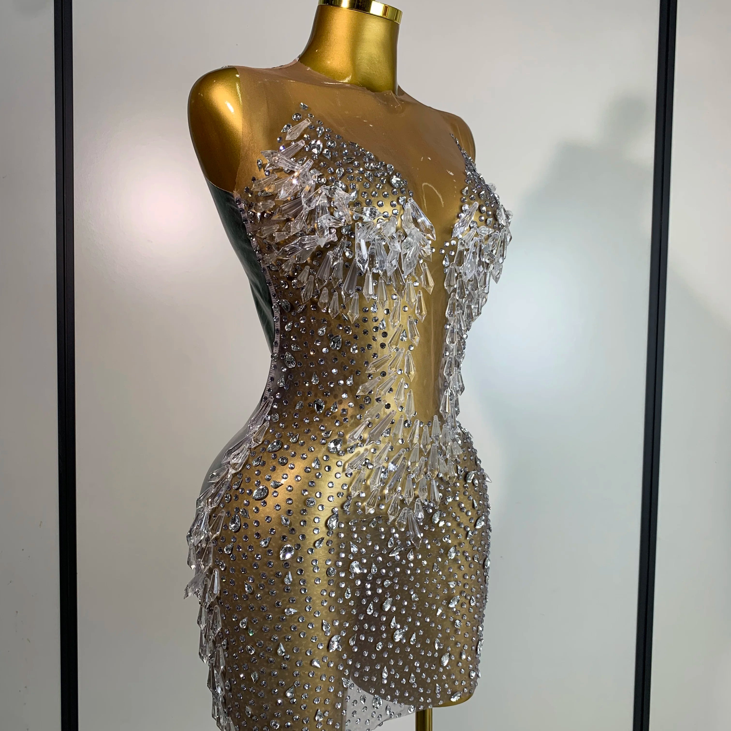 Stock Women Luxury Sexy Mesh Crystal Diamonds Mini Dress Birthday Party Costume Bar Nightclub Stage Performance Singer Outfit