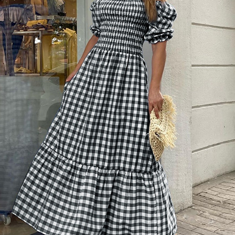 VONDA Summer Long Maxi Dress Women 2024 Casual Short Sleeve Square Collar Vintage Plaid Party Bohemian Vestidos Loose Sundress