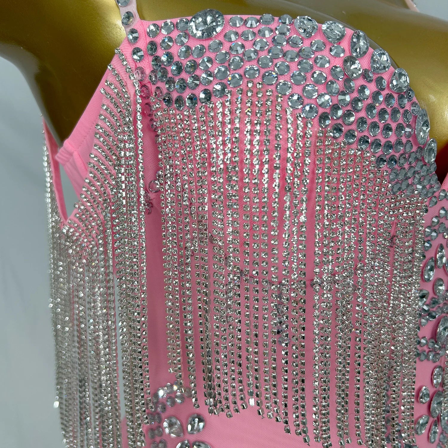 Sexy Backless Pink Diamond Dress Mesh Elastic Strap Dress Club Dinner Birthday Party Dress Stage Performance Costume Yelian