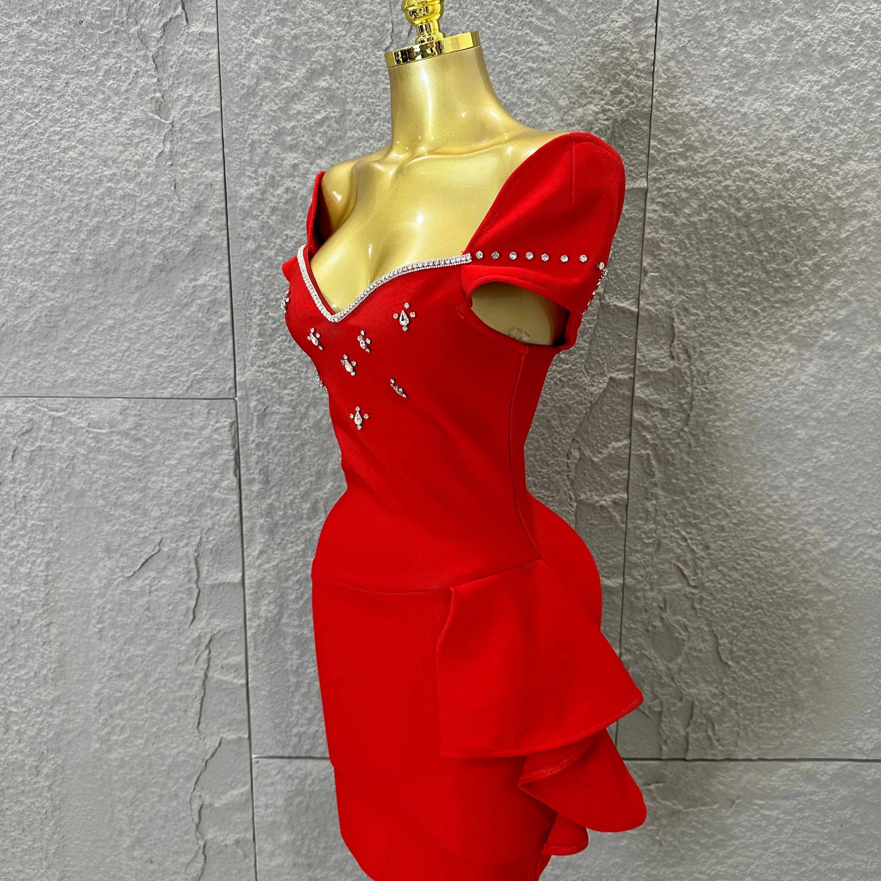 Elegant Black Red Off-Shoulder Mini Dress Women Sexy Crystal Embellished Ruffle Waist Bodycon Outfit Formal Event Party Costume