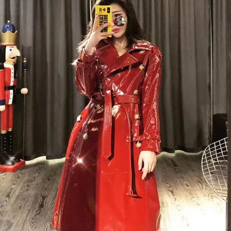 Autumn Long Shiny Reflective Patent Faux Leather Trench Coat for Women Sashes Double Breasted Runway European Fashion