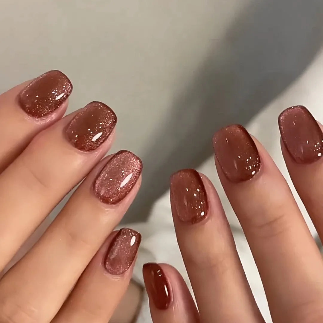 24pcs/set cat eyes fake nails for women girls red brown green blue grey sparkling short tips faux ongles press on false nail JP2655