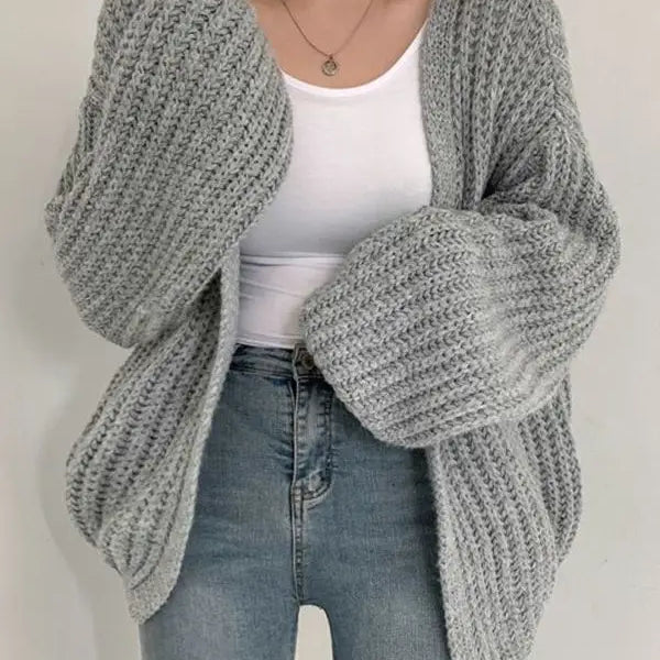 Women Cardigan Sweater Coat Casual Loose Knitted Solid Coat Autumn Winter For Women Lantern Sleeve Sweet Overcoat GREY One Size