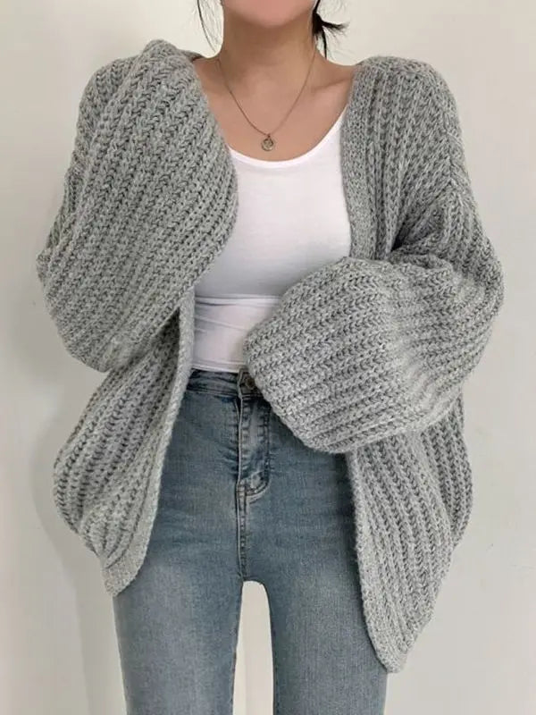 Women Cardigan Sweater Coat Casual Loose Knitted Solid Coat Autumn Winter For Women Lantern Sleeve Sweet Overcoat GREY One Size