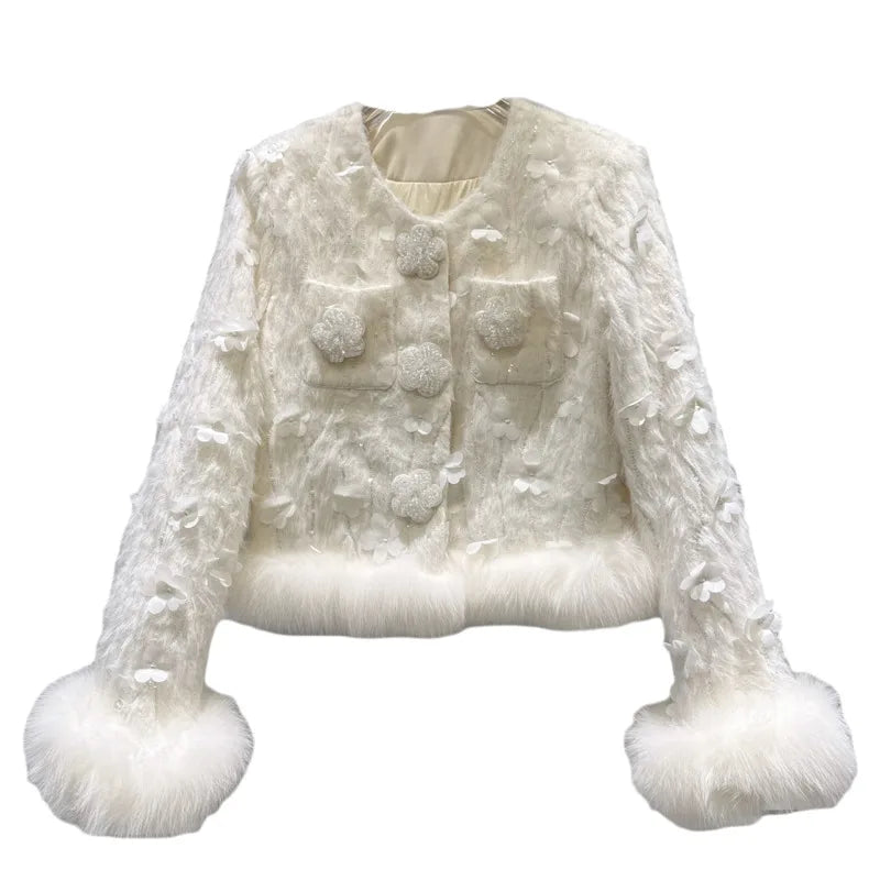 Winter New Fashion Style Fox Fur Sleeve Edge Beaded Flower Button Fluffy Cotton Short Coat For Women Jacket 11A07456
