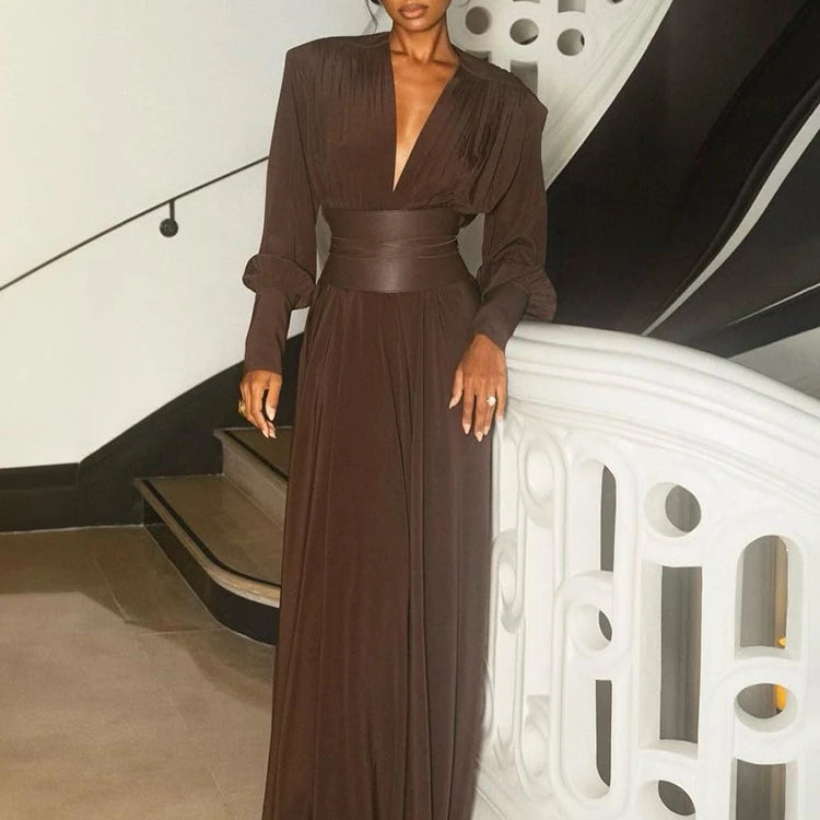 2024 Spring Fashion Dresses For Women Plunging V Neck High Waist Belt Long Sleeves Wedding Party Dress Brown Gowns