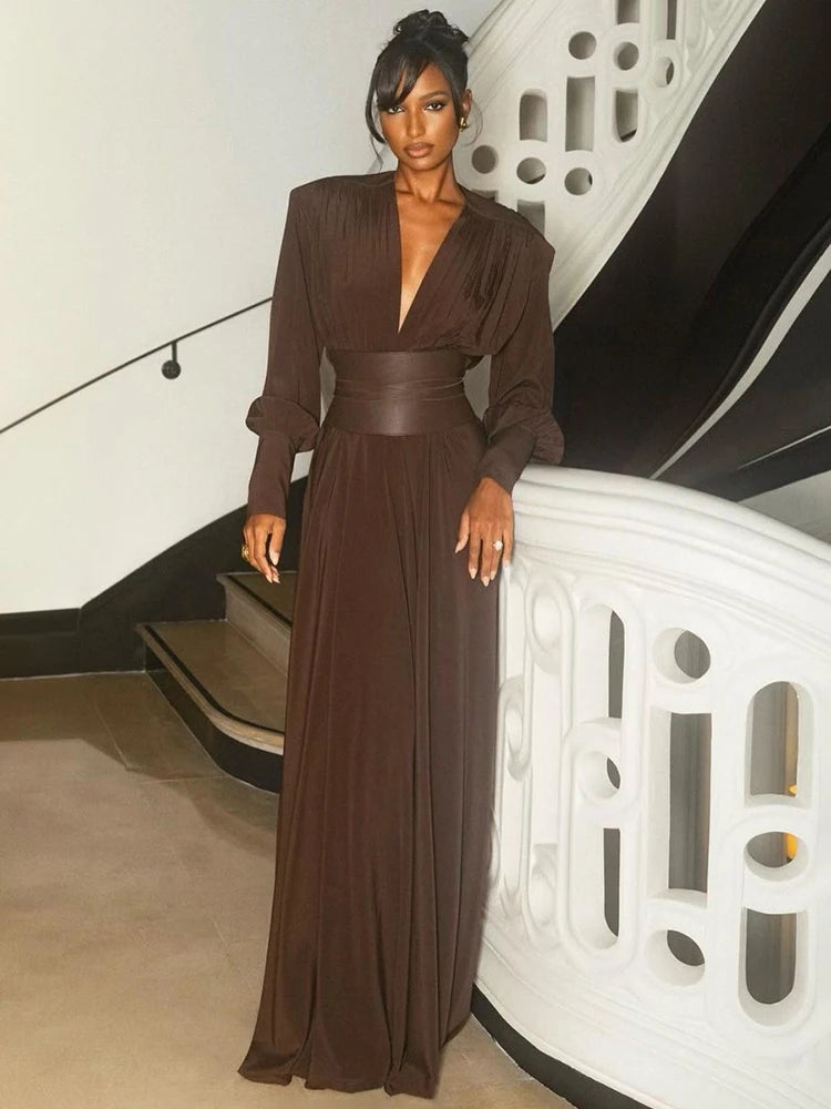 2024 Spring Fashion Dresses For Women Plunging V Neck High Waist Belt Long Sleeves Wedding Party Dress Brown Gowns