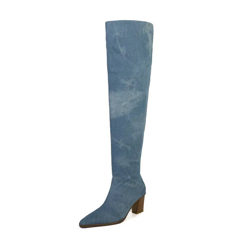QUTAA 2024 Autumn Winter New Women Knee High Boots Thick High Heels Elegant Office Lady High Boots Shoes Woman Size 34-39 Blue