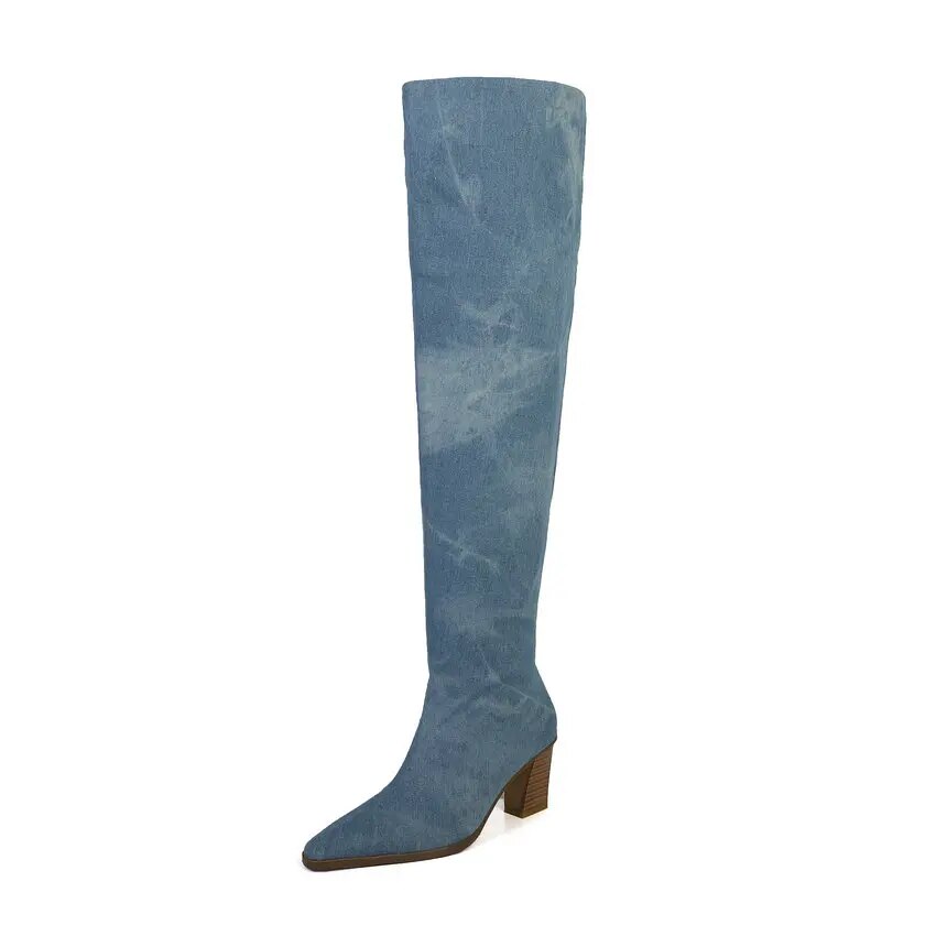 QUTAA 2024 Autumn Winter New Women Knee High Boots Thick High Heels Elegant Office Lady High Boots Shoes Woman Size 34-39 Blue