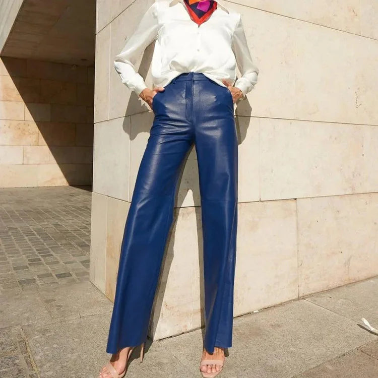 Europe and the United States wind women's spring PU leather mid-high waist hip lift straight ladies casual pants women's pants blue