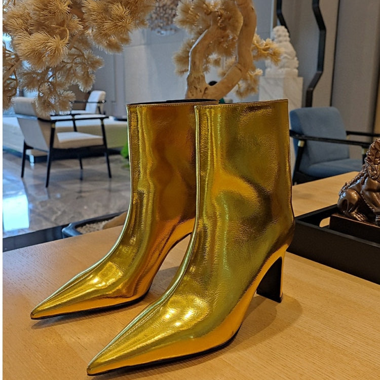 Women's New Pointed Thick Heel Sleeve Knee High Boots Fashion Fashion Show Gold Large Winter Boots 262Gold short